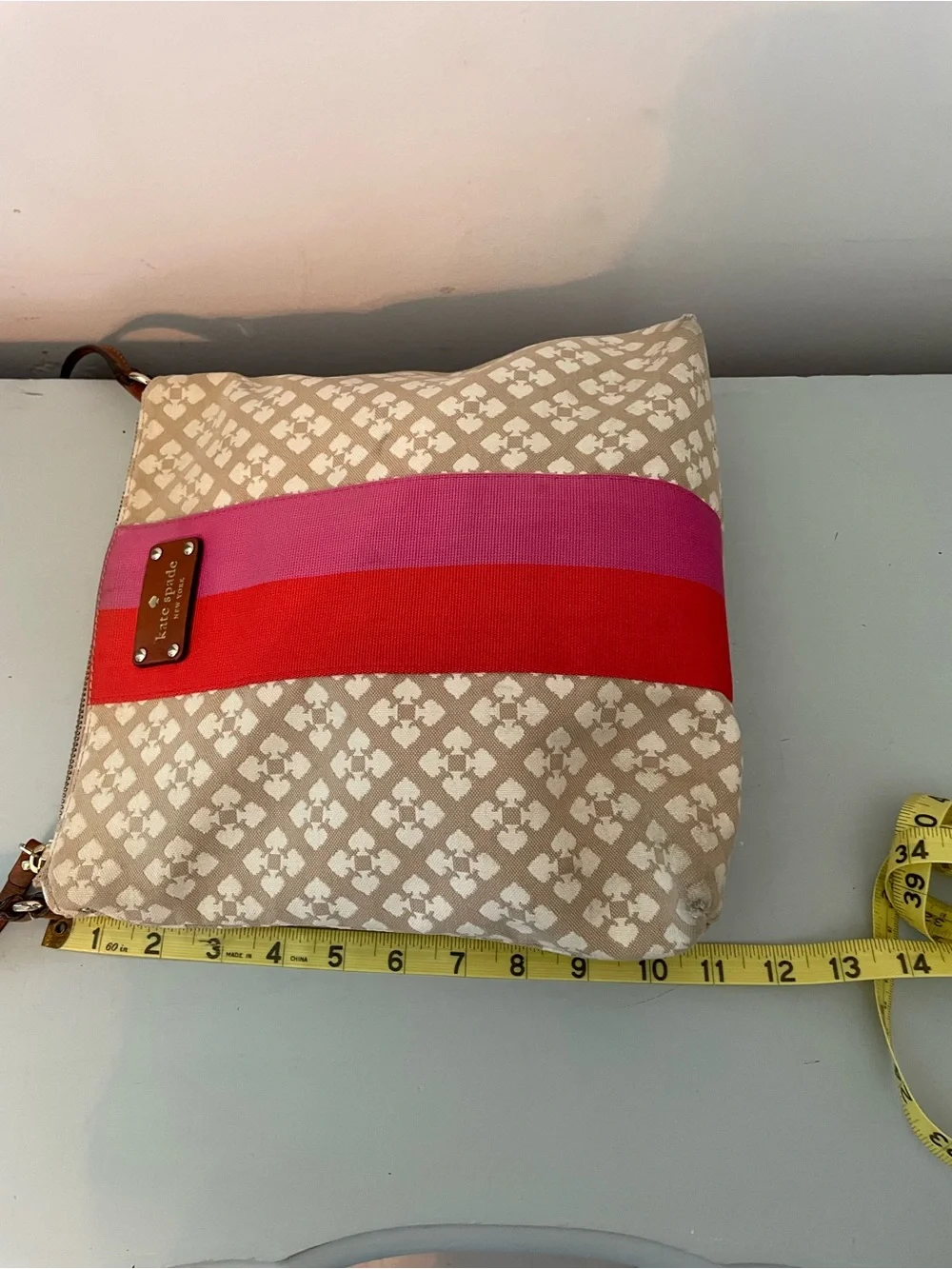 Kate Spade Beige Crossbody with Pink and Red Center Stripe